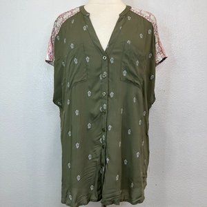 NWT Torrid Blouse Women’s Sz 1 Border Floral Print,  Pink Olive Green Challis